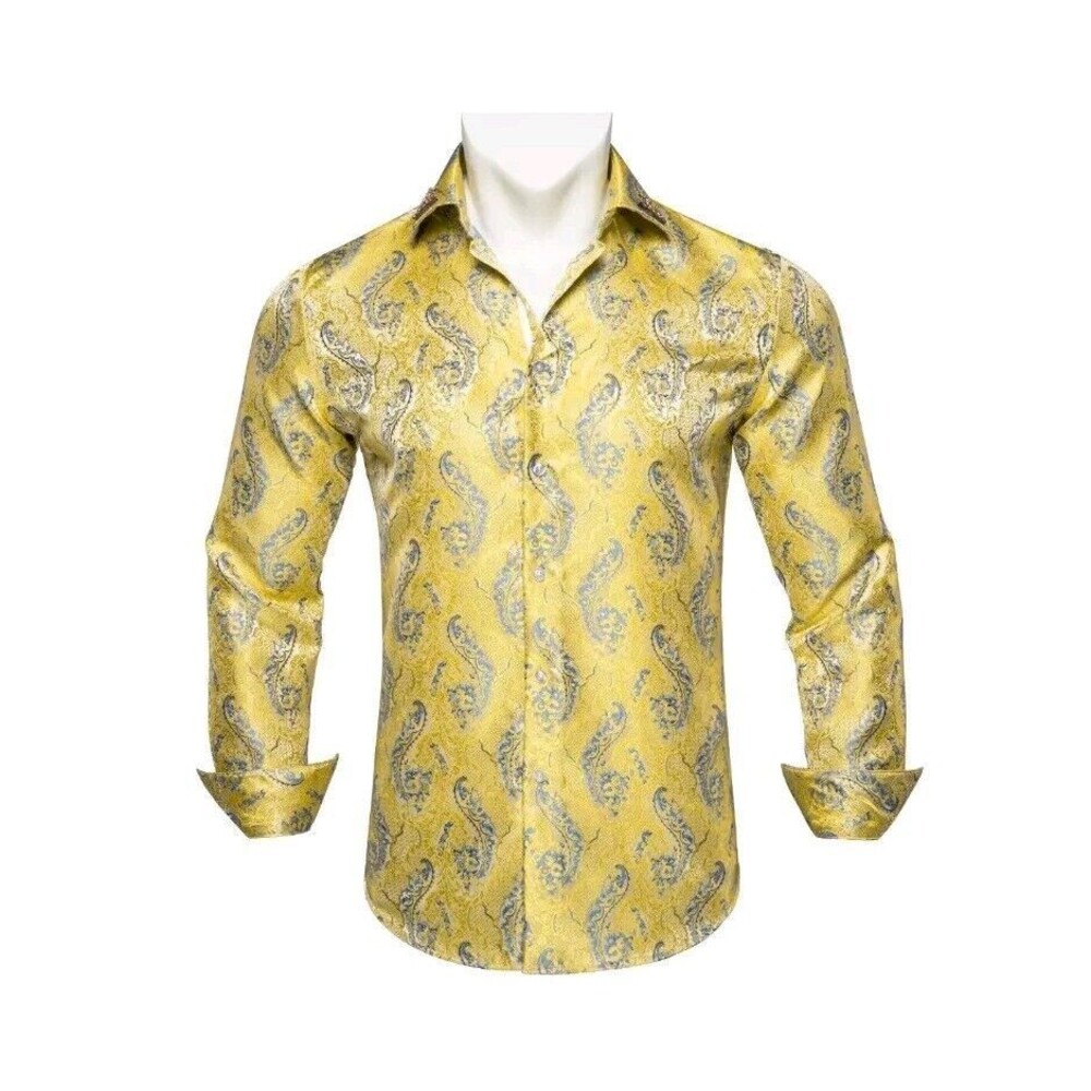 Mens Paisley Shirts Silk Long Sleeve Dress Floral Slim Button Down Casual 2XL